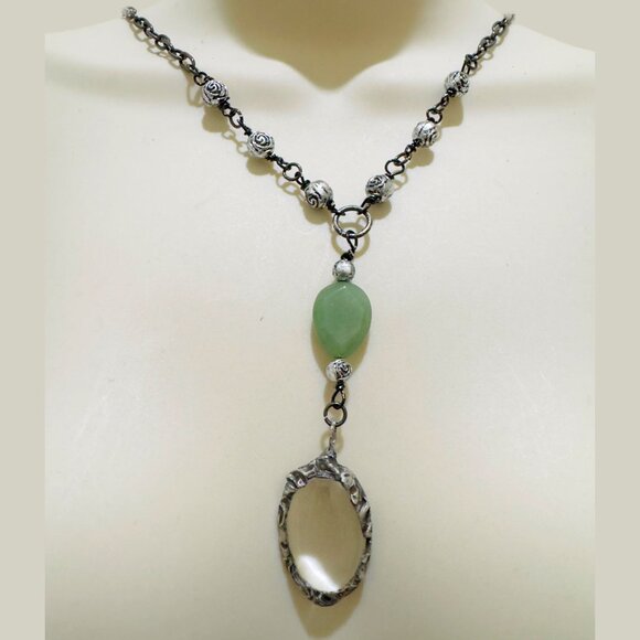 Magnifying Glass Pendant Caged in Silver-Blend Metalwork & Hand-Wrapped Necklace - Picture 4 of 9